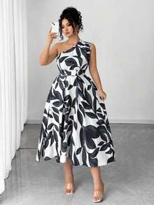 Vestido elegante de mujer de talla grande con estampado floral azul y blanco, elegante y chic para fiestas, graduaciones, vacaciones, festivales, citas, bodas y salidas - Negro - Ver 3