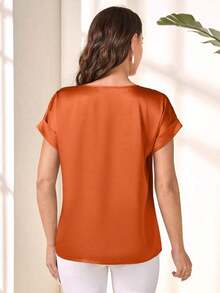 Blusa suelta elegante de verano para mujer con cuello redondo, mangas cortas tipo murciélago y unicolor - Blusas de manga corta - Color caoba - Ver 2