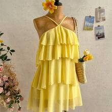 New Elegant Romantic Wedding Guest Solid Color Backless Multi-Layer Ruffle Chiffon Mini Dress, Suitable For Bohemian, Boho, Romantic Floral, Vacation, Floral Party, Date, Valentine's Day, Easter, Carnival, Afternoon Tea, Beach, Cruise, City Street Holiday,Summer Dresses For Women - Multicolor - Ver 6