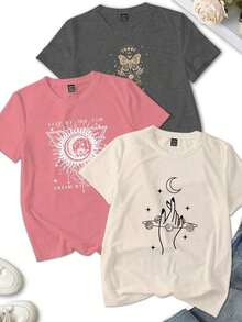 Women's Casual Single Garment, Not A 3-Piece Set. One Piece/Set Of Short-Sleeved T-Shirts Suitable For Streetwear. Oversized Crew Neck Top For Everyday Wear, Camping, Concerts, Hip-Hop, Rock, And Rap Events. Short-Sleeved T-Shirt With A Crew Neck And A Retro Spiritual Cosmos Pattern, Suitable For Spring And Summer. - 白色 - 查看 7