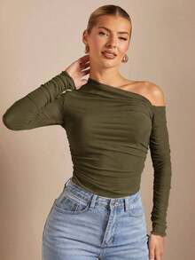 Camiseta de manga larga con cuello asimétrico plisado, ajustada, en color liso, para mujer, para primavera/otoño - Verde militar - Ver 5