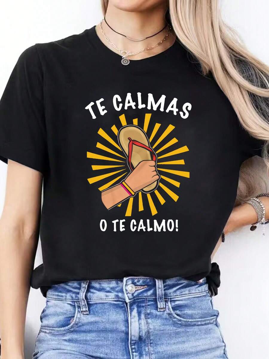 Women's Casual Letter Print Short Sleeve T-Shirt In Spanish - "Te Calmas O Te Calmaro!" Design, Crew Neck, Short Sleeve, Polyester, Spring/Summer Sport Top, Lightweight T-Shirt | Playful Graphic Tee | Polyester Fabric, Ladies' T-Shirts - 黑色 - 查看 1