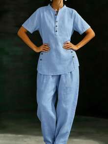 Two-Piece Linen Set With Comfortable And Casual Button-Down Shirt And Wide-Leg Trousers - 天藍色 - 查看 1