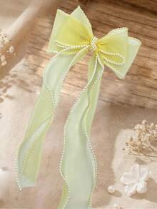 1pc Faux Pearl Decor Bow Hair Clip, Elegant Women Hair Accessory For Wedding, Party, Beach, Daily Wear, Summer, Hair Claws, Bobby Pin - Yellow - View 3