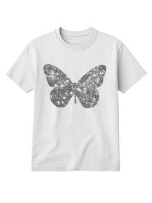 Basic Short-Sleeved T-Shirt With Butterfly Graphic Print And Glitter, Women's Casual, Creative, Cute Style For Spring, Summer, Autumn, Winter, 100% Cotton - [白色的] - 查看 3