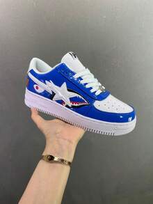 Giày thể thao A Bathing Ape Bape Casual Skate, giày sneaker bóng bẩy với logo ngôi sao phối màu tương phản, thiết kế cá mập trắng và xanh dương dành cho nam và nữ. - Cá mập trắng - Xem 4