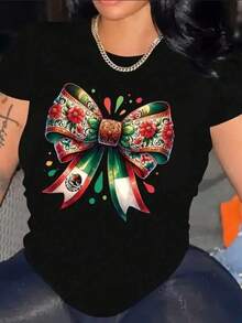 New 2026 amiseta Casual de Manga Corta con Estampado de Lazo y Diamantes Brillantes Rosa para Mujer - Mezcla de Poliéster Ligero Transpirable, Ajuste Relajado, Lavable en Máquina, Camisa Versátil para Todas las Estaciones Camiseta De Mujer Mexicana Con Estampado Vibrante De Rosa, Rojo, Blanco Y Verde, Con Patrones Florales - Algodón Transpirable Y Elástico, Manga Corta, Cuello Redondo, Atuendo Casual Para Ocasiones Festivas, Cinco De Mayo Y Eventos De Verano. Camiseta informal de verano para mujer con estampado de retrato floral abstracto y diseño de bandera mexicana, cuello redondo, manga corta, Diseño tradicional mexicano - Negro - Ver 6