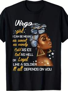 Virgo Birth Sign Themed T-Shirt, Zodiac Print Top For The August-September Birth Month, Unisex Casual Sweatshirt, Pure Cotton Gift For Parents And Friends, Regular Sizes S-XXXL, Suitable For All Seasons, A Must-Have For Sports Enthusiasts, Fun Design, Ideal For Fitness And Outdoor Activities. - 黑色 - 查看 1