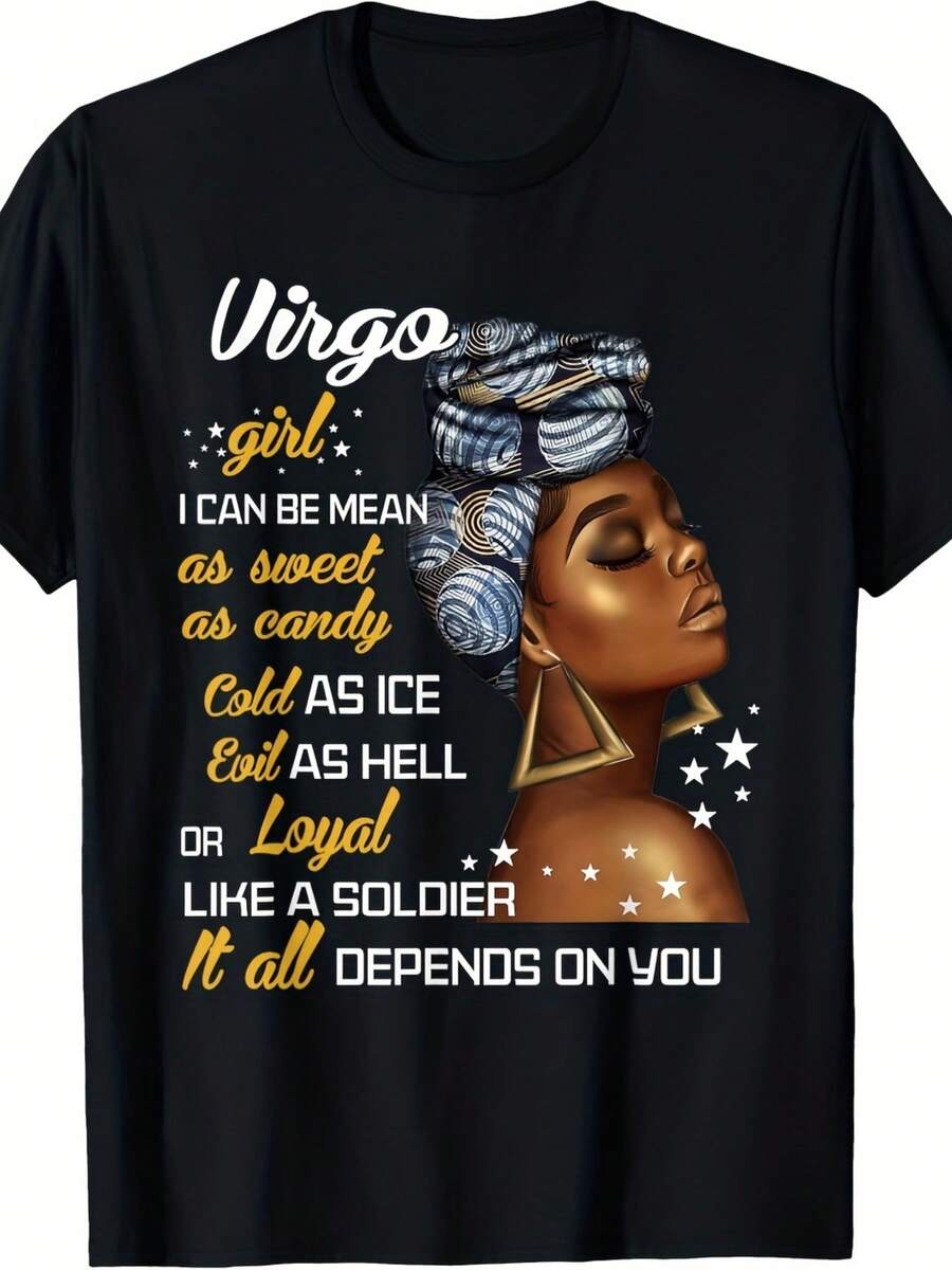 Virgo Birth Sign Themed T-Shirt, Zodiac Print Top For The August-September Birth Month, Unisex Casual Sweatshirt, Pure Cotton Gift For Parents And Friends, Regular Sizes S-XXXL, Suitable For All Seasons, A Must-Have For Sports Enthusiasts, Fun Design, Ideal For Fitness And Outdoor Activities. - 黑色 - 查看 1
