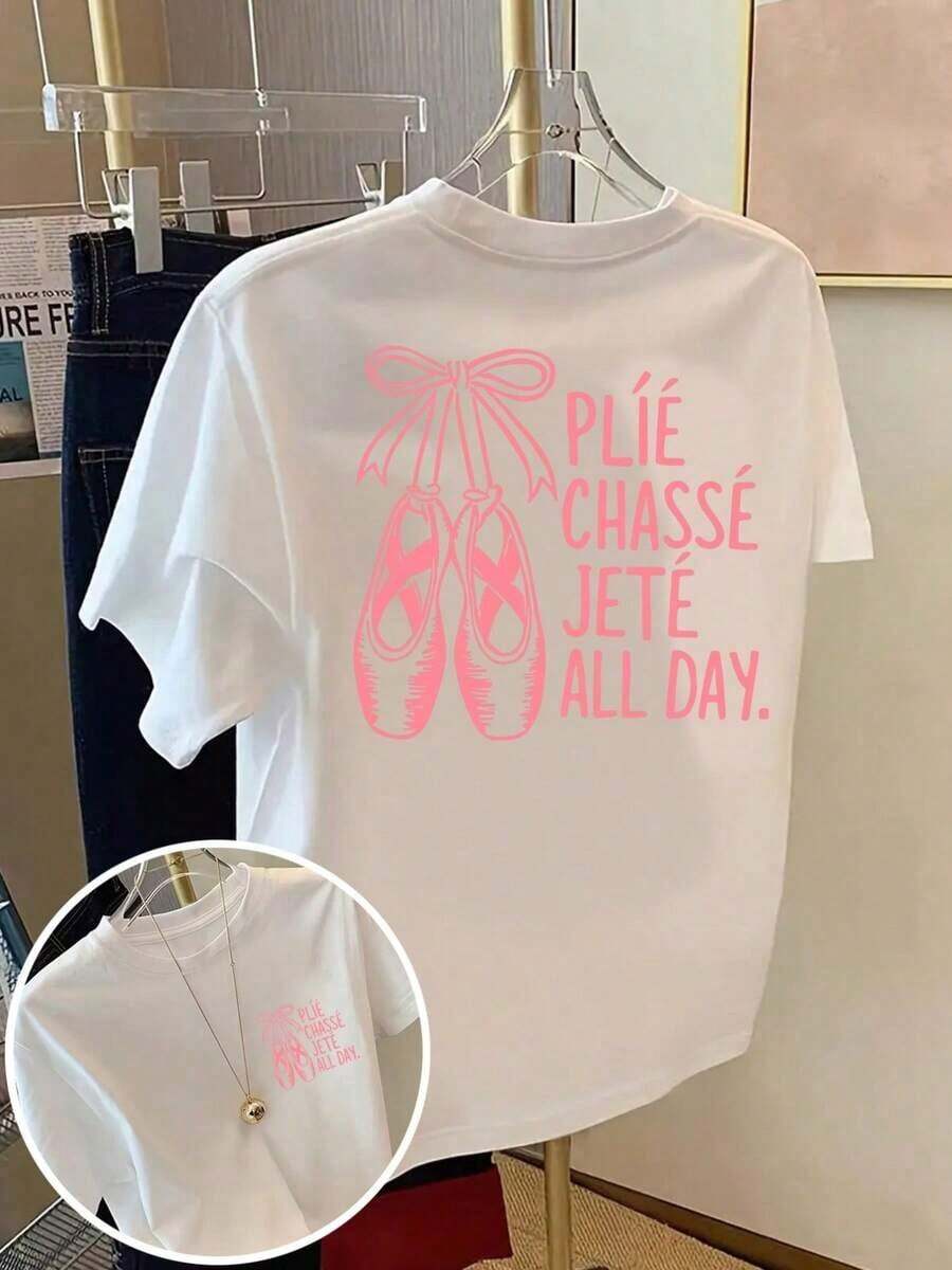 1 Men's And Women's Casual Fashion Short Sleeve T-Shirt - Ballet Shoe Print, Ballet Terminology - Spring/Summer Printed T-Shirt For Women, Casual Fashion Item. Versatile, Easy To Match, Suitable For Daily Wear, Urban Style, Vacation Wear, Weekend Wear. - 白色 - 查看 1
