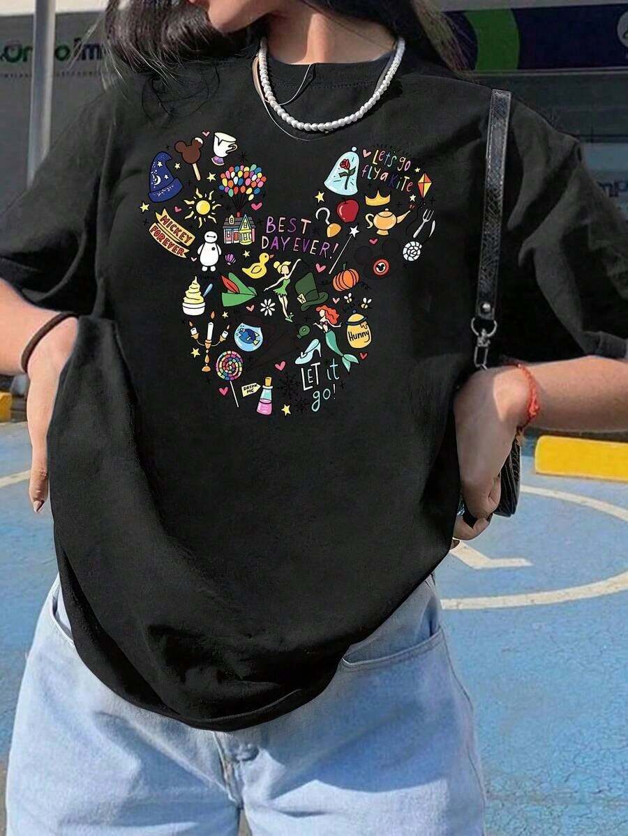 Unisex Casual Cotton Short-Sleeved Round Neck T-Shirt With "Best Day Forever" Print, Regular Fit, Men's Sizes Suitable For The Whole Family. - 黑色 - 查看 1