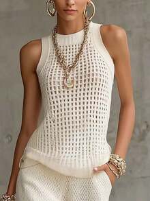 Camiseta de punto calada para mujer, sin mangas, cuello redondo, transpirable y ajustada, versátil camiseta interior elástica para ir al trabajo y citas en verano - Crema - Ver 1
