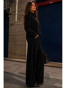 Women's Set In Elegant And Comfortable Ribbed Knit Fabric, Winter Fashion, Chic Blogger Style - 黑色 - 查看 2