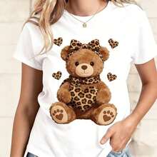Camiseta de manga corta con estampado de oso de peluche y corazón para mujer, estilo vintage, unisex, holgada, de algodón, con cuello redondo. blusas.blusas casuales para dama.Impresión de osos cariñosos.Camiseta estampada Impresión de osos cariñosos. - Blanco - Ver 6