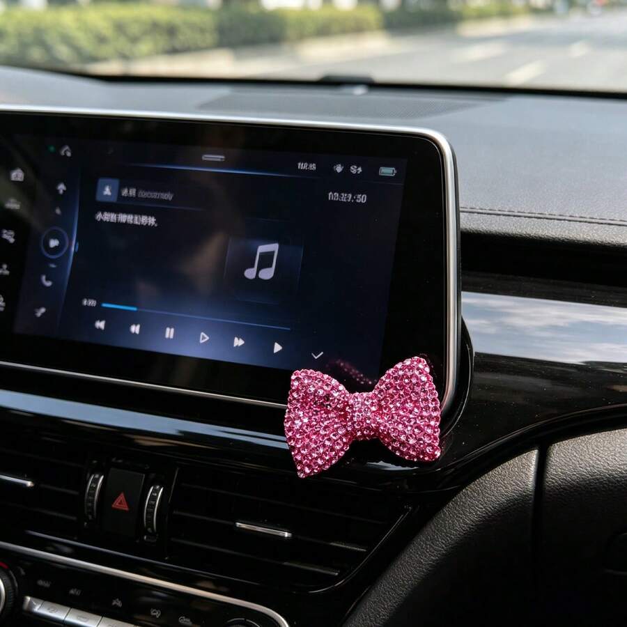 Pegatina decorativa para coche con lazo rosa completamente cubierto de rhinestones, accesorio pequeño y brillante de estilo femenino y elegante para la pantalla de navegación y la consola central - lazo de pedrería - Ver 1