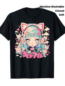 Vintage T-Shirt With Japanese Anime Cat Girl Graphic, Soft And Breathable, Pastel Colors (Pink, Blue, Green, Yellow, Purple, Red, White, Black), Unisex, Crew Neck, Machine Washable, Ideal For Casual Activewear. | Exquisite Design | Loose And Comfortable | Easy To Match | - 黑色 - 查看 1