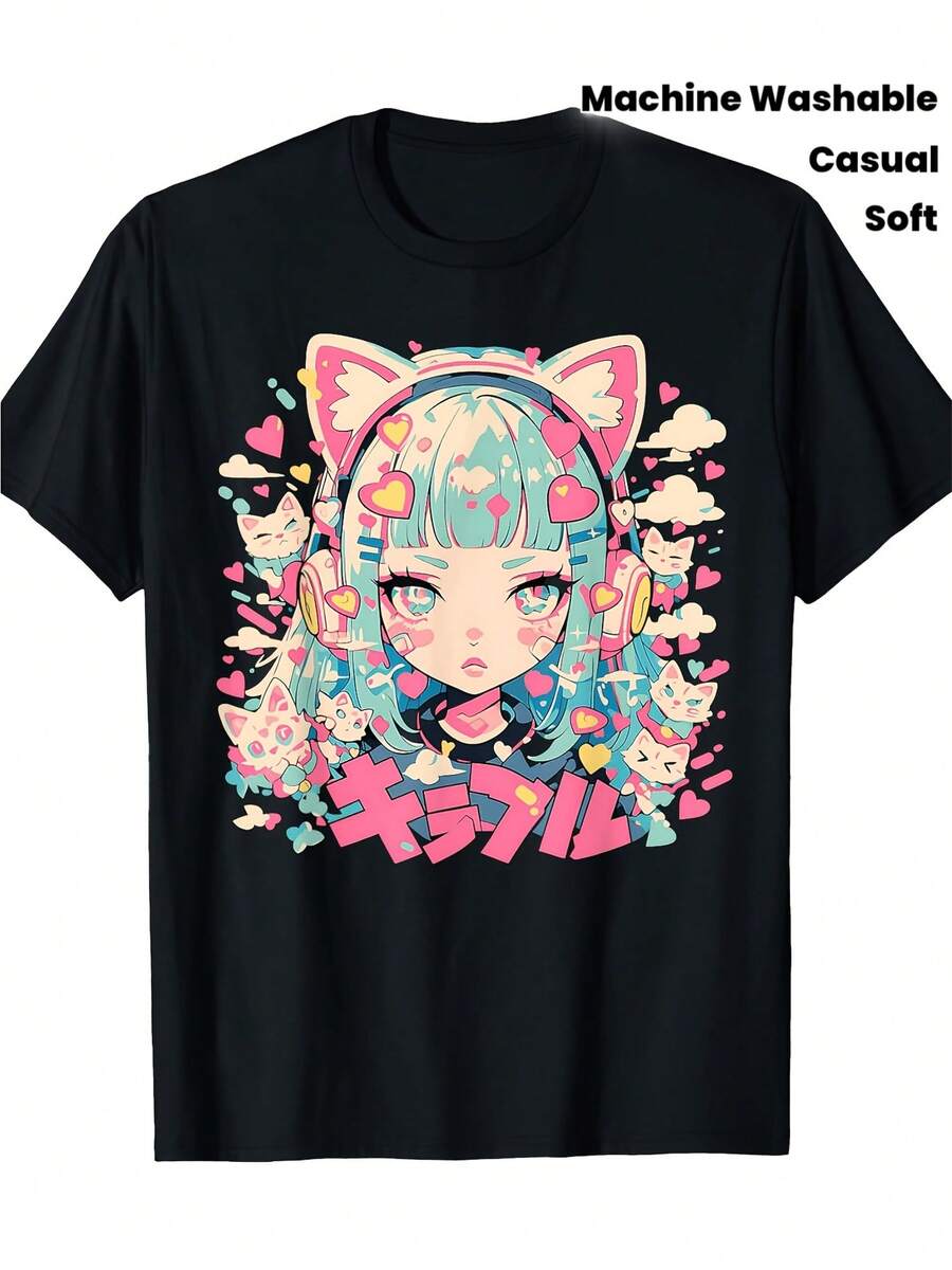 Vintage T-Shirt With Japanese Anime Cat Girl Graphic, Soft And Breathable, Pastel Colors (Pink, Blue, Green, Yellow, Purple, Red, White, Black), Unisex, Crew Neck, Machine Washable, Ideal For Casual Activewear. | Exquisite Design | Loose And Comfortable | Easy To Match | - 黑色 - 查看 1