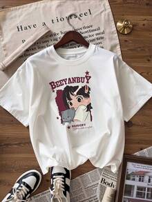 Anime Girl And Gray Kitten T-Shirt, Fashionable Short-Sleeve T-Shirt For Spring/Summer 2026, Made In Mexico, 180 Grams. Cartoon Print, Couple Design, Suitable For Indoor Or Outdoor Wear. Crew Neck, Unisex, Ideal For Office And Leisure. One-Pack. - WH-P631577SLNDXZGY570 - 查看 3