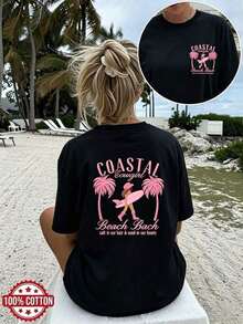Casual T-Shirt [Double-Sided Print On Front And Back] Spring Summer, Women's Casual Loose Fit T-Shirt, Beach Style, Palm Tree, Surfboard, Beach Print, Vacation Print, Short Sleeve, Round Neck, Pure Cotton, Plus Size, Drop Shoulder [Chu], Women's Tops, Women's Vacation Clothes 2026 100% Cotton, Durable - 黑色 - 查看 1