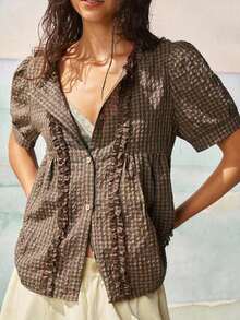 Camisa casual retro a cuadros con cuello redondo, volantes fruncidos y mangas con volantes para mujer - Marrón - Ver 7