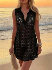 Cubre vestido de punto calado de unicolor para mujer, para el verano - Negro 2 - Ver 3