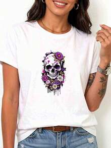 Camiseta de manga corta blanca para mujer con letras ROCK N ROLL, estilo rock - Blanco - Ver 6