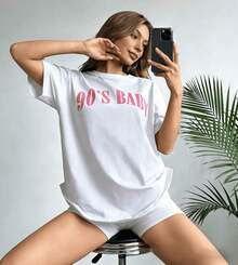 Camiseta Oversize con Hombros Caídos y Estampado de Letras Airlia Fran, Camisetas Gráficas para Mujer, Unisex - Blanco - Ver 8