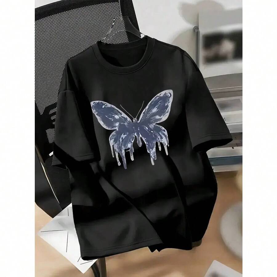 Women's Short-Sleeved Cotton T-Shirt With Butterfly Print, Urban Style, Aesthetic, Casual, Summer Top, Soft, Breathable, Round Neck, For Everyday Outfits. - 黑色 - 查看 1