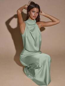 Vestido asimétrico sin mangas de color crema y amarillo, vestido de noche minimalista y sexy para fiesta, cóctel, boda, cumpleaños, vestido largo de satén - verde menta - Ver 5