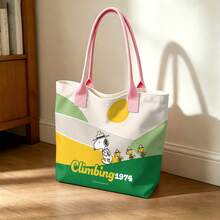 Miniso Peanuts Snoopy Climbing 1974 Canvas Tote Bag, Retro Color Block Shoulder Bag For Daily Use - Pink - View 7