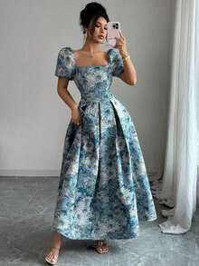 Vestido midi elegante con mangas abombadas bordadas para mujer, de verano - Azul - Ver 4