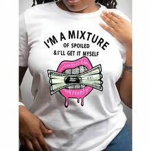 Camiseta de Algodón con Estampado Divertido para Mujer, Manga Corta, Cuello Redondo, Estilo Casual Urbano, Estampado de Labios y Dinero, Top Moderno de Verano para Atuendos Diarios - Blanco - Ver 5