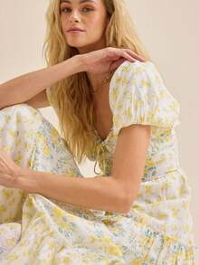 Women's Summer Floral Print Casual Fashion Puff Sleeve V-Neck Dress for Everyday Wear - Amarillo - Ver 5