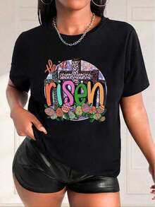 Algodón Camiseta Estampada De Pascua Con Cruz Y Huevos Para Mujer, % Algodón, Diseño Floral He Is Risen, Cuello Redondo, Manga Corta, Deportiva, Para Primavera/Verano, Color Negro. blusas para mujer camisa - Negro - Ver 7