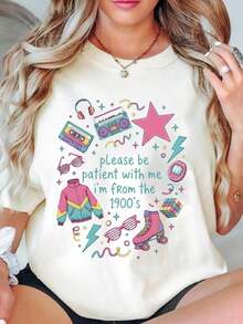ropa de mujer Camiseta con gráficos y texto temáticos de los 90 Por favor, sean pacientes conmigo, soy del siglo XX. Para entusiastas de la moda casual y retro, camisas de mujer - Blanco - Ver 6