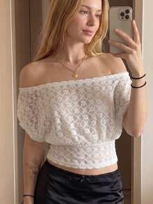 Women Sheer Off Shoulder Tops Slim Fit Flower Pattern Sleeveless Crop Shirts For Summer Going Out Party Club - White - View 5