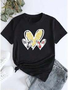 Camiseta Holgada Sencilla Mujer Estilo Moderno Camiseta de manga corta para mujer, casual y cómoda, con elegante estampado de corazones tartán, perfecta para uso diario y actividades deportivas.Camiseta Mujer Estampado Gráfico  Verano 2026 - Negro - Ver 7
