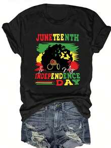 Women's Plus Size Casual T-Shirt With Crew Neck And Vibrant Juneteenth Independence Day Graphic Print, Short Sleeve, Loose Fit, Polyester, Summer And Spring Clothing, Casual Wear | Graphic Print Top | Comfortable Fit, Ladies' T-Shirts - 黑色 - 查看 6