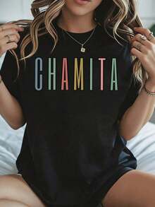 Elegante y casual para mujer, manga corta, camiseta Chamita, estampado de letras coloridas para el festival de verano, ropa casual blanca para mujer en verano. - Negro - Ver 8