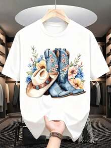 Camiseta gráfica de verano informal con diseño floral de botas y sombrero de vaquero para mujer, es una camiseta perfecta para regalar a amigos y familiares en cualquier fiesta u ocasión festiva, 220g - Blanco - Ver 2