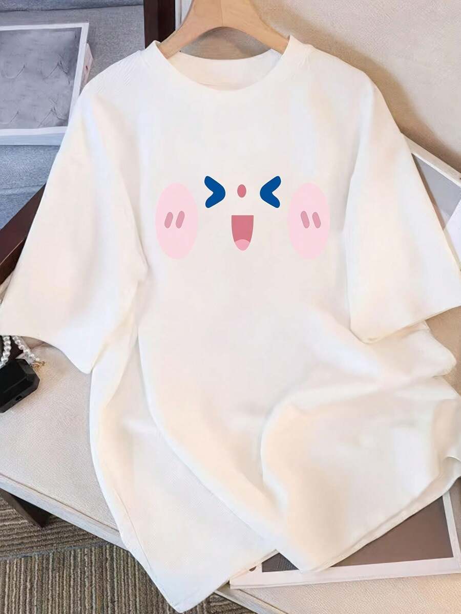Camiseta de Mujer de Verano, Holgada, de Cuello Redondo, Versátil, Ropa de Mujer Cómoda, Camiseta Casual Popular, de Manga Corta para Uso Diario, Tops para Salir para Mujer - Blanco - Ver 1