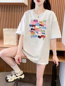 Edición Limitada: Camiseta de Manga Corta Oversize Estilo Y2K para Mujer - Top Largo con Estampado de Dibujos Animados, Ligera (200 g/²), Cuello Redondo, Casual de Verano para Primavera y Otoño, Algodón Ligero - Azul - Ver 8