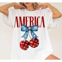 Camiseta oversize para mujer con la bandera americana y lazo de cereza, Camiseta patriótica para el 4 de julio, Día de la Independencia, Temática de la bandera americana, Atuendo festivo - Blanco - Ver 1