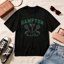 Retro, Hampton Social Club, 100% Cotton, Oversized, Soft Breathable, Casual Crewneck, Short Sleeve Top, Summer Vibes, Streetwear, Aesthetic - Negro - Ver 1