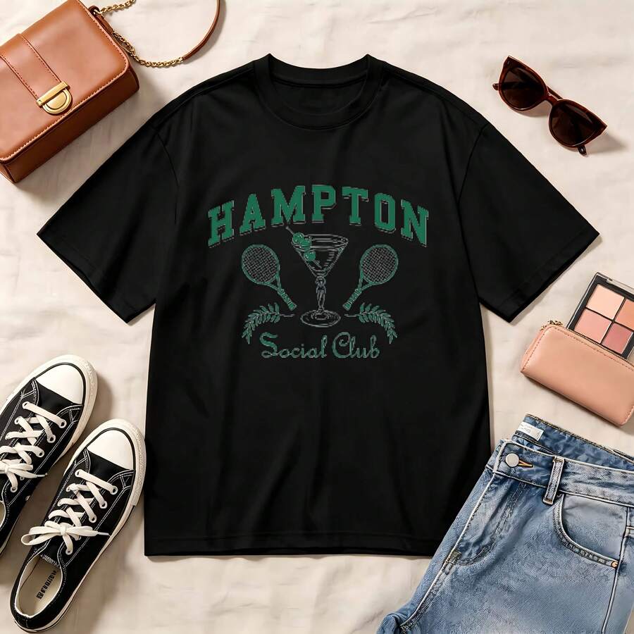 Retro, Hampton Social Club, 100% Cotton, Oversized, Soft Breathable, Casual Crewneck, Short Sleeve Top, Summer Vibes, Streetwear, Aesthetic - Negro - Ver 1
