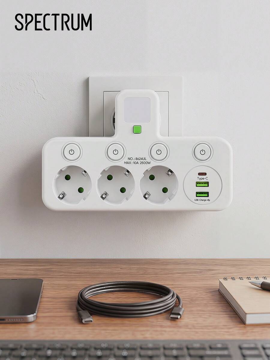 Space-Saving Wall Socket Extender With Individual Switches, 6-In-1 EU Power Strip With 3 AC Outlets & USB Ports For Bedroom & Living Room - EU E Type Plug(220-240V) - View 1
