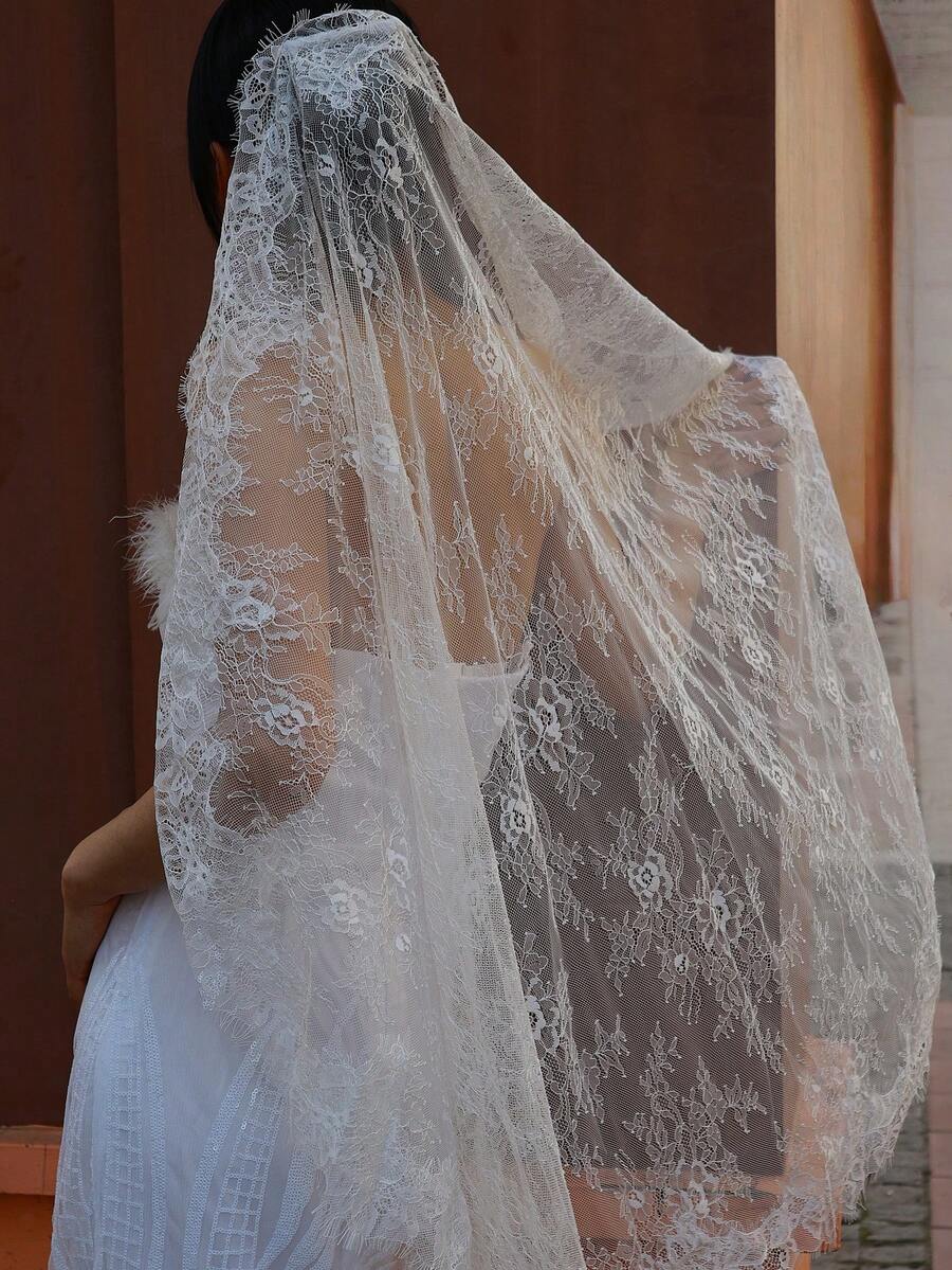 1件装印花波西米亚风涤纶（涤纶）白色蕾丝贴花新娘婚纱头纱，带梳子，优雅短款单层 - 彩色 - 查看 1