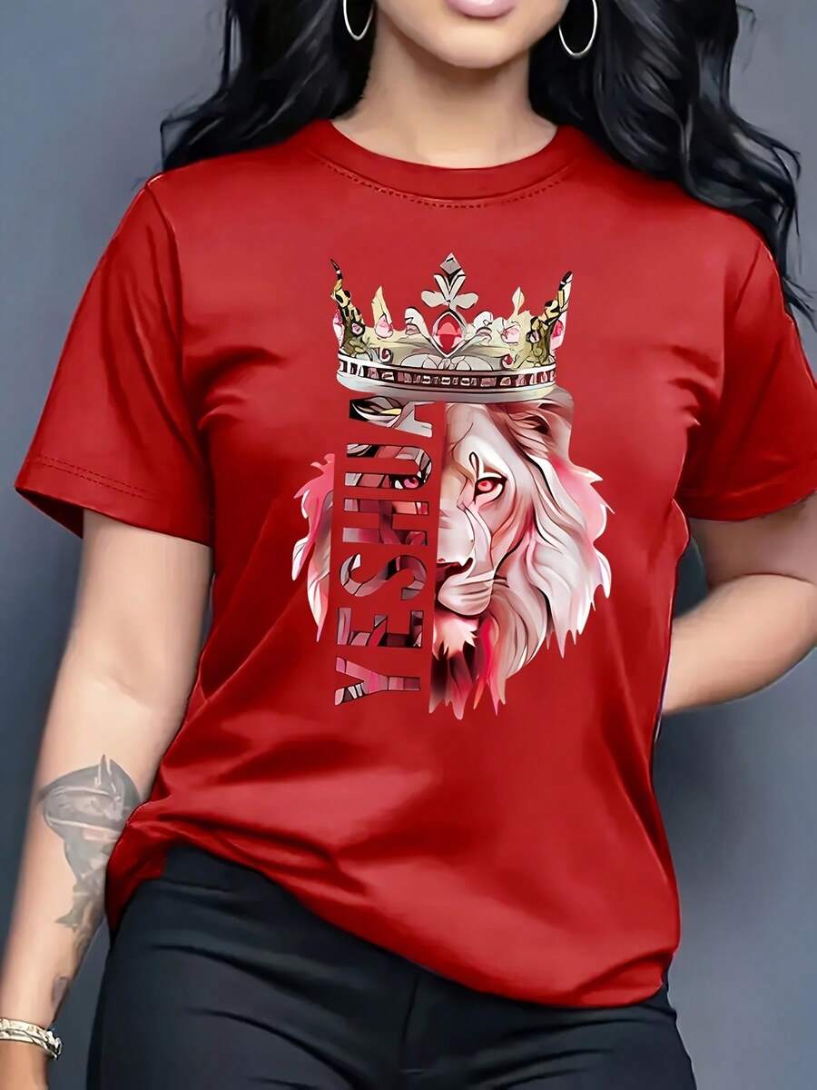 Camiseta Azul con la Corona del Rey León, Cuello Redondo Casual, Manga Corta, Ropa de Mujer para Primavera y Verano - Rojo - Ver 1