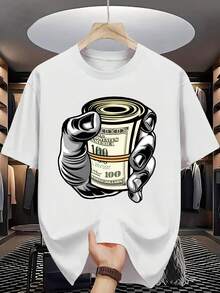 Summer Men's Casual T-Shirt - Black, With A Banknote Design, Short Sleeves, A Round Neck, Lightweight Fabric, Suitable For Summer And A Casual Look, An Everyday Shirt. | Graphic Print T-Shirt | Comfortable, Loose-Fitting, And Comfortable Style - White - View 12