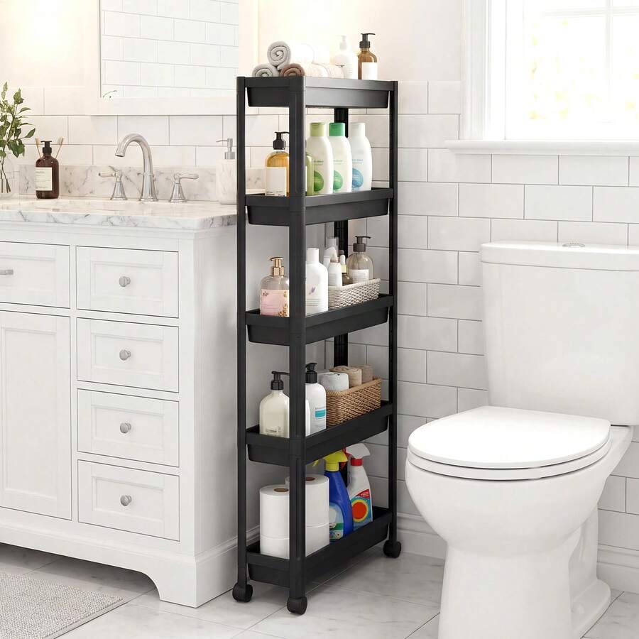 GOFLAME Space-Saving 5-Tier Utility Organizer Slim Rolling Storage Cart Plastic Storage Trolley For Bathroom Kitchen - Black - View 1